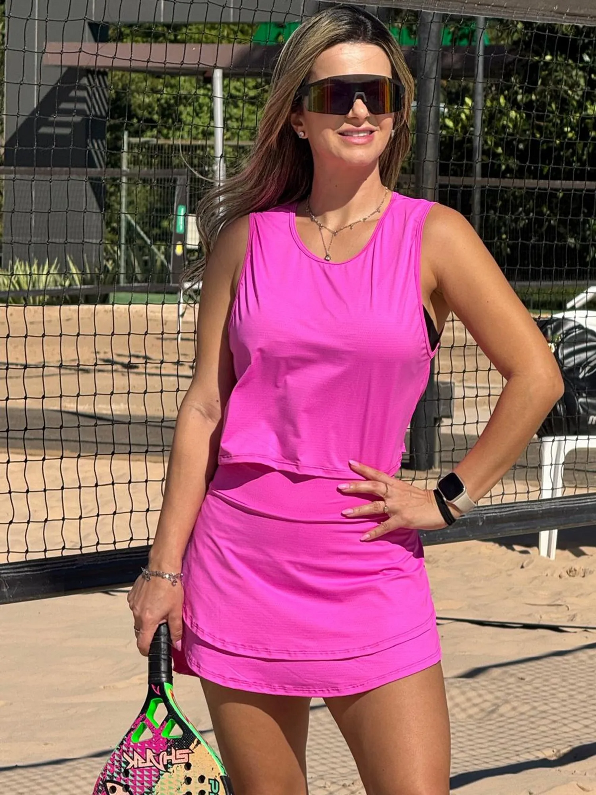 Conjunto Beach Tennis Short-Saia Babados Eva Rosa Bikíni