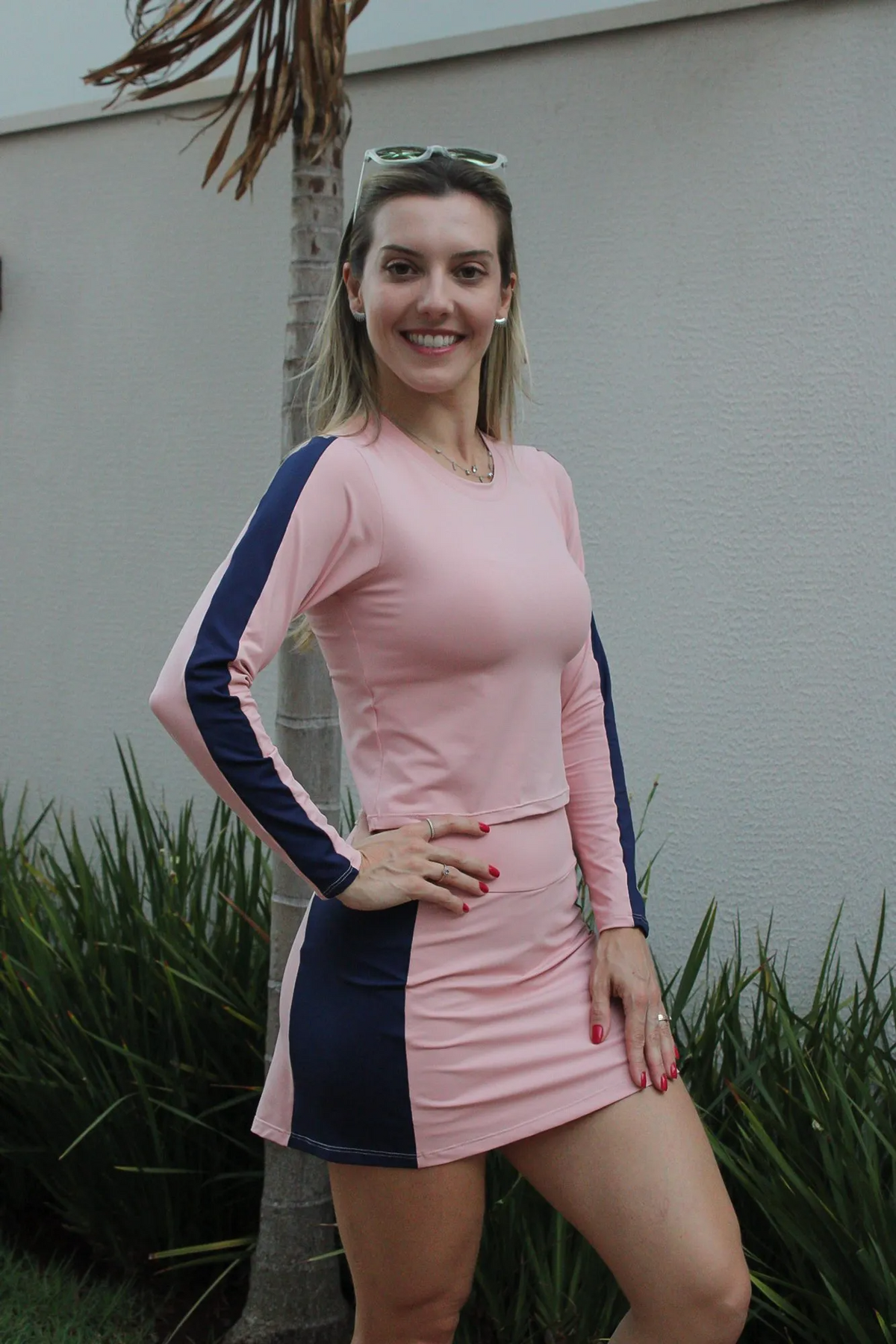 Conjunto Beach Tennis Manga Longa Cropped + Short-Saia Slim Salmão