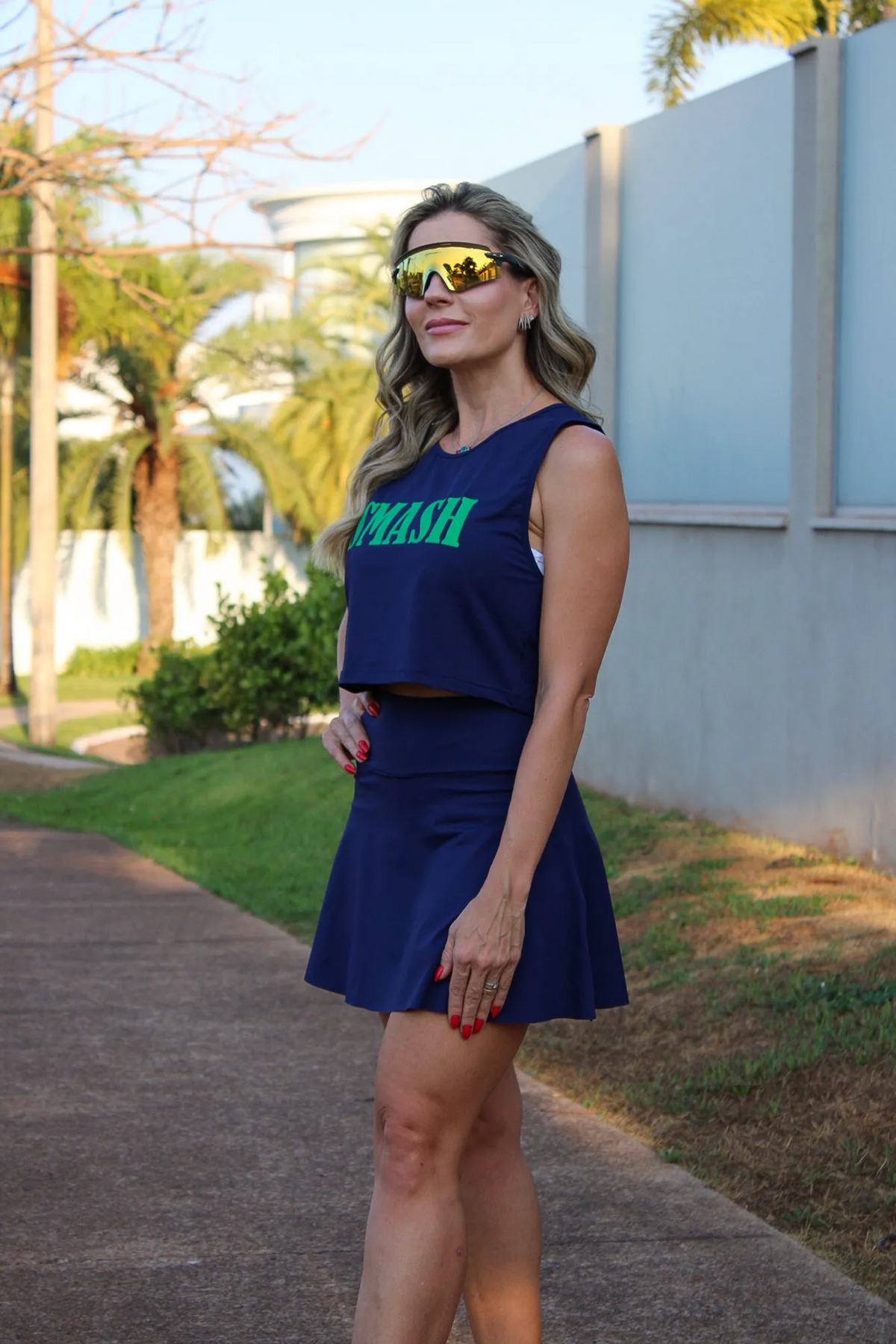 Conjunto Beach Tennis Short-Saia Godê + Cropped Regata Smash Azul Marinho