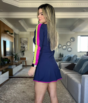 Vestido Beach Tennis Bicolor Manga Longa com Short Azul Marinho