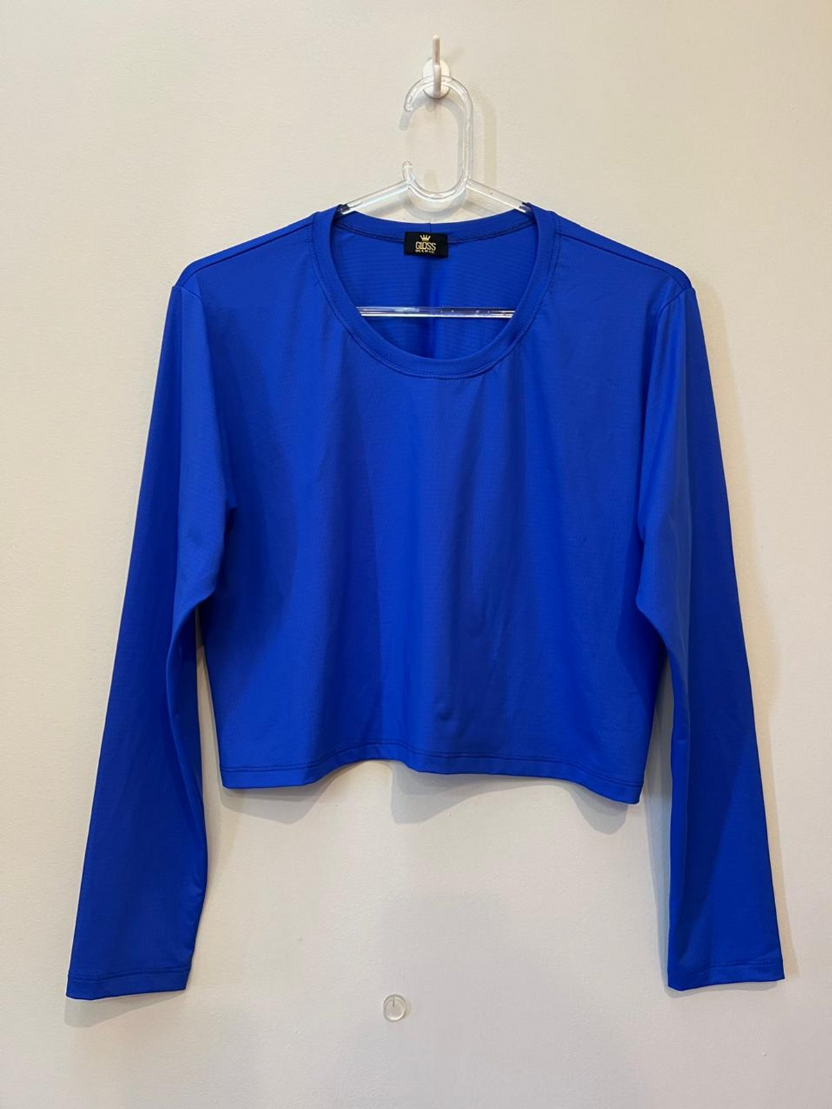 Blusa Manga Longa Cropped Alongada Azul Royal