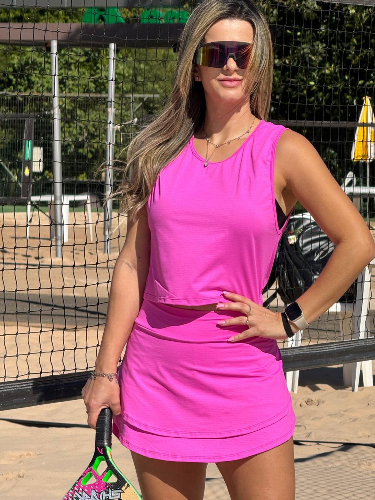 Conjunto Beach Tennis Short-Saia Babados Eva Rosa Bikíni